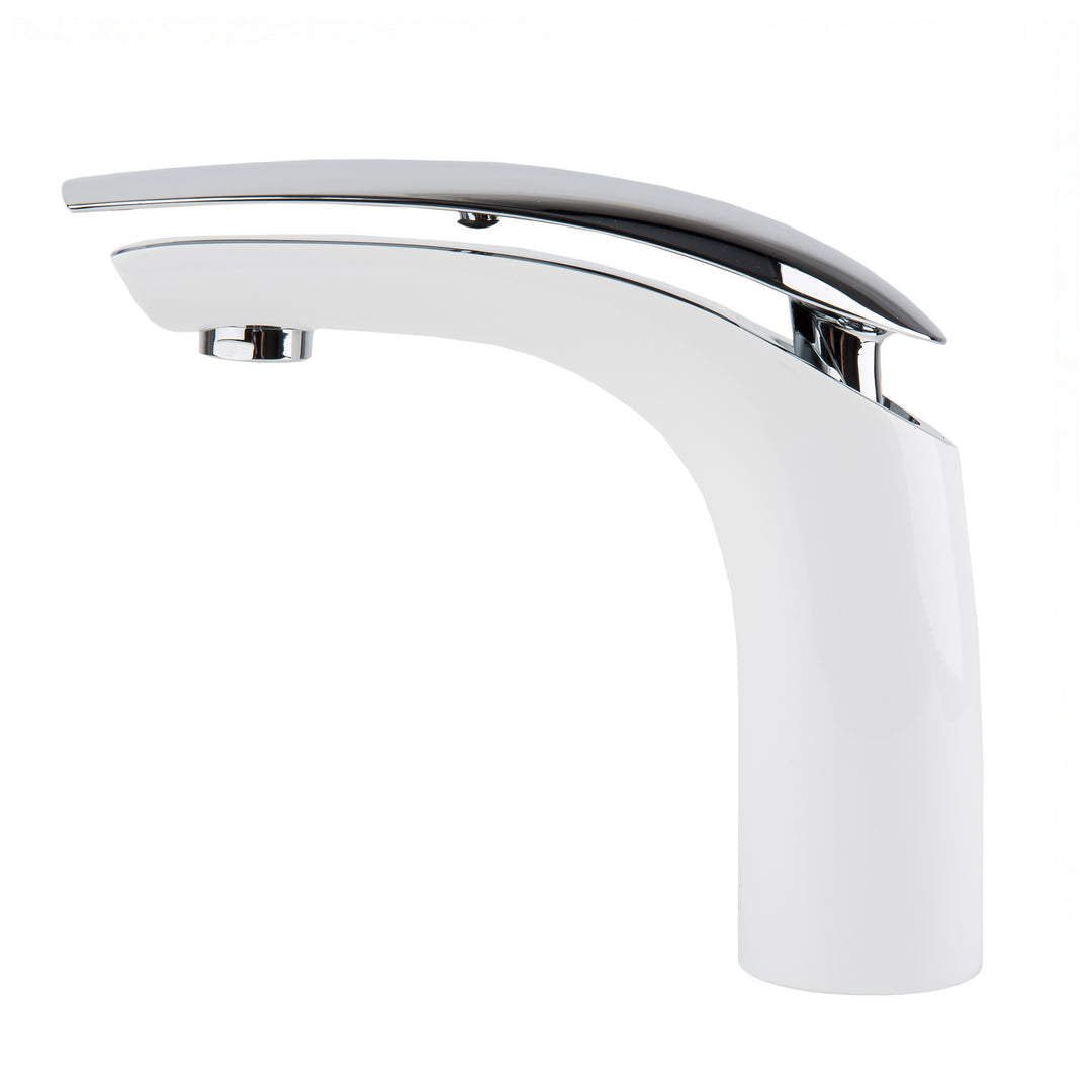A modern high-arc bathroom faucet with a matte white ceramic body and a polished chrome lever handle, shown against a solid white background.