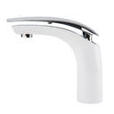 A modern high-arc bathroom faucet with a matte white ceramic body and a polished chrome lever handle, shown against a solid white background.