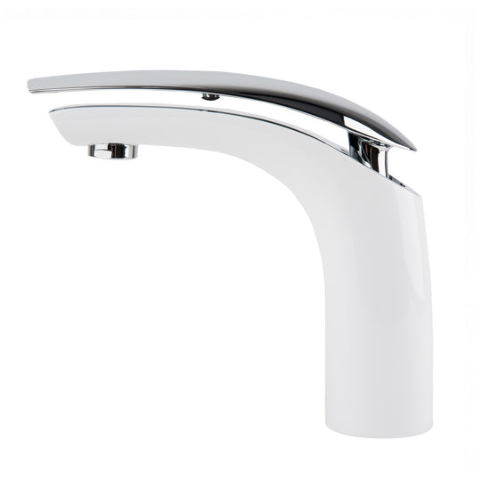 A modern high-arc bathroom faucet with a matte white ceramic body and a polished chrome lever handle, shown against a solid white background.