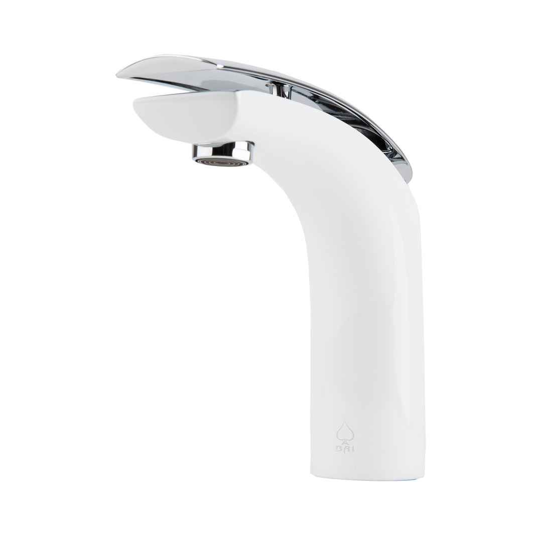 A modern high-arc bathroom faucet with a matte white body and polished chrome top spout, shown on a solid white background.