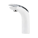 A modern high-arc bathroom faucet with a matte white body and polished chrome top spout, shown on a solid white background.