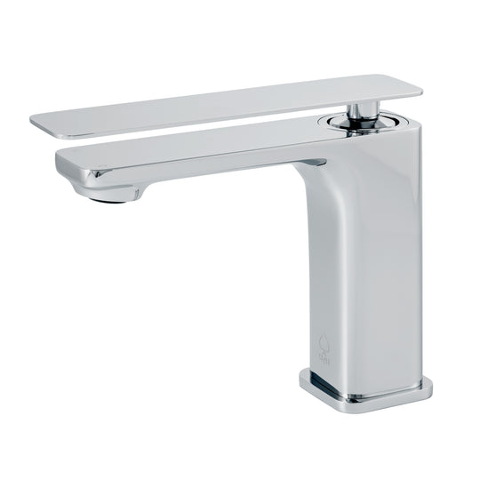 A modern single-handle bathroom faucet with a polished chrome finish, featuring a flat rectangular lever handle and a square base, shown against a white background.
