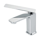 A modern single-handle bathroom faucet with a polished chrome finish, featuring a rectangular spout and lever handle, shown on a light gray background.