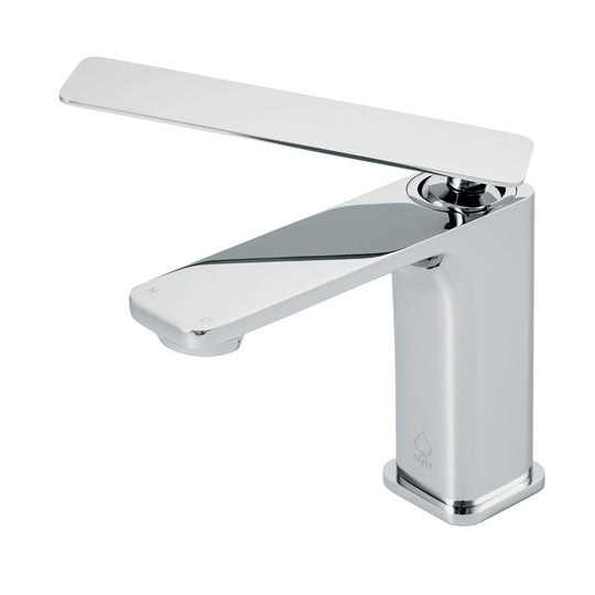 A modern single-handle bathroom faucet with a polished chrome finish, featuring a rectangular spout and lever handle, shown on a light gray background.