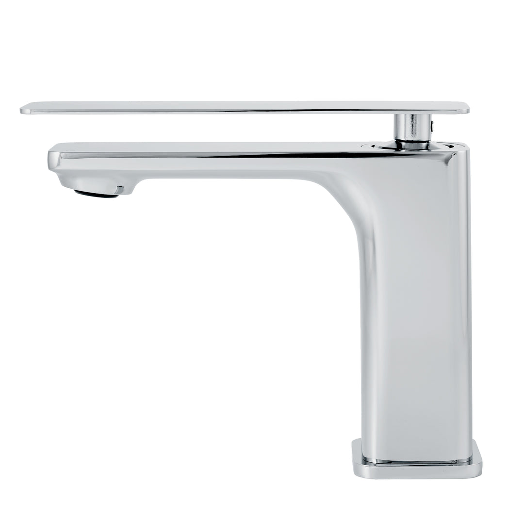 A modern single-handle bathroom faucet with a polished chrome finish, featuring a rectangular body and a flat, elongated spout, shown against a plain white background.