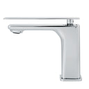 A modern single-handle bathroom faucet with a polished chrome finish, featuring a rectangular body and a flat, elongated spout, shown against a plain white background.