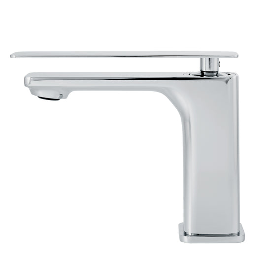 A modern single-handle bathroom faucet with a polished chrome finish, featuring a rectangular body and a flat, elongated spout, shown against a plain white background.