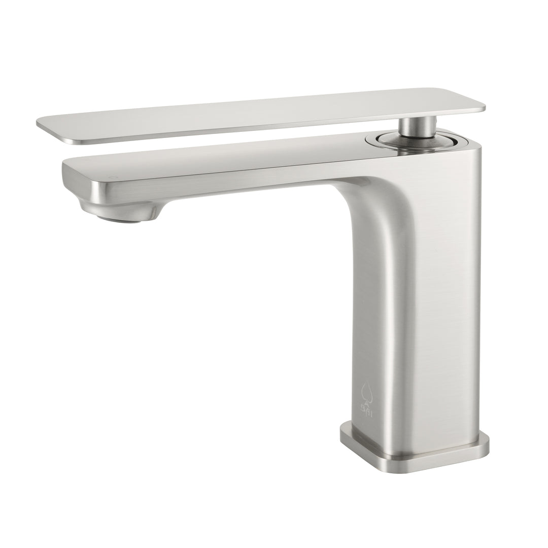 A modern single-handle bathroom faucet with a brushed nickel finish, featuring a flat rectangular lever handle and a sleek curved spout, shown against a plain white background.