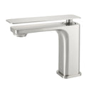 A modern single-handle bathroom faucet with a brushed nickel finish, featuring a flat rectangular lever handle and a sleek curved spout, shown against a plain white background.