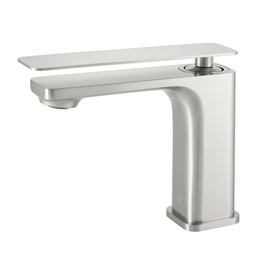 A modern single-handle bathroom faucet with a brushed nickel finish, featuring a flat rectangular lever handle and a sleek curved spout, shown against a plain white background.
