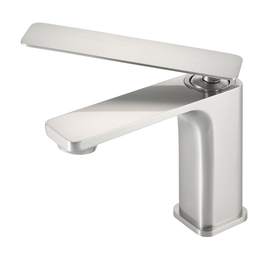 A modern single-handle bathroom faucet with a brushed nickel finish, featuring a flat lever handle and a square wall-mount base, shown on a solid white background.