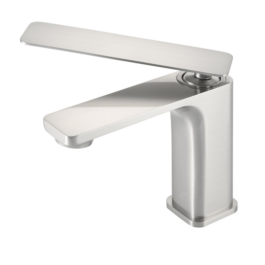 A modern single-handle bathroom faucet with a brushed nickel finish, featuring a flat lever handle and a square wall-mount base, shown on a solid white background.
