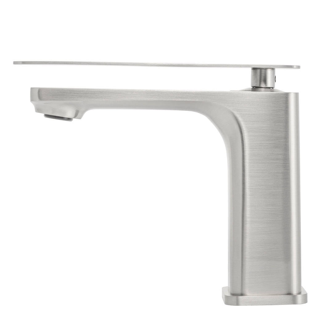 A modern single-handle bathroom faucet with a brushed nickel finish and a flat, rectangular backplate, shown against a plain white background.
