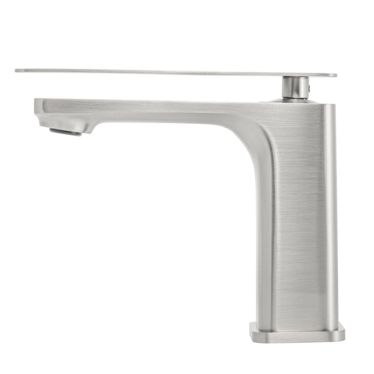 A modern single-handle bathroom faucet with a brushed nickel finish and a flat, rectangular backplate, shown against a plain white background.