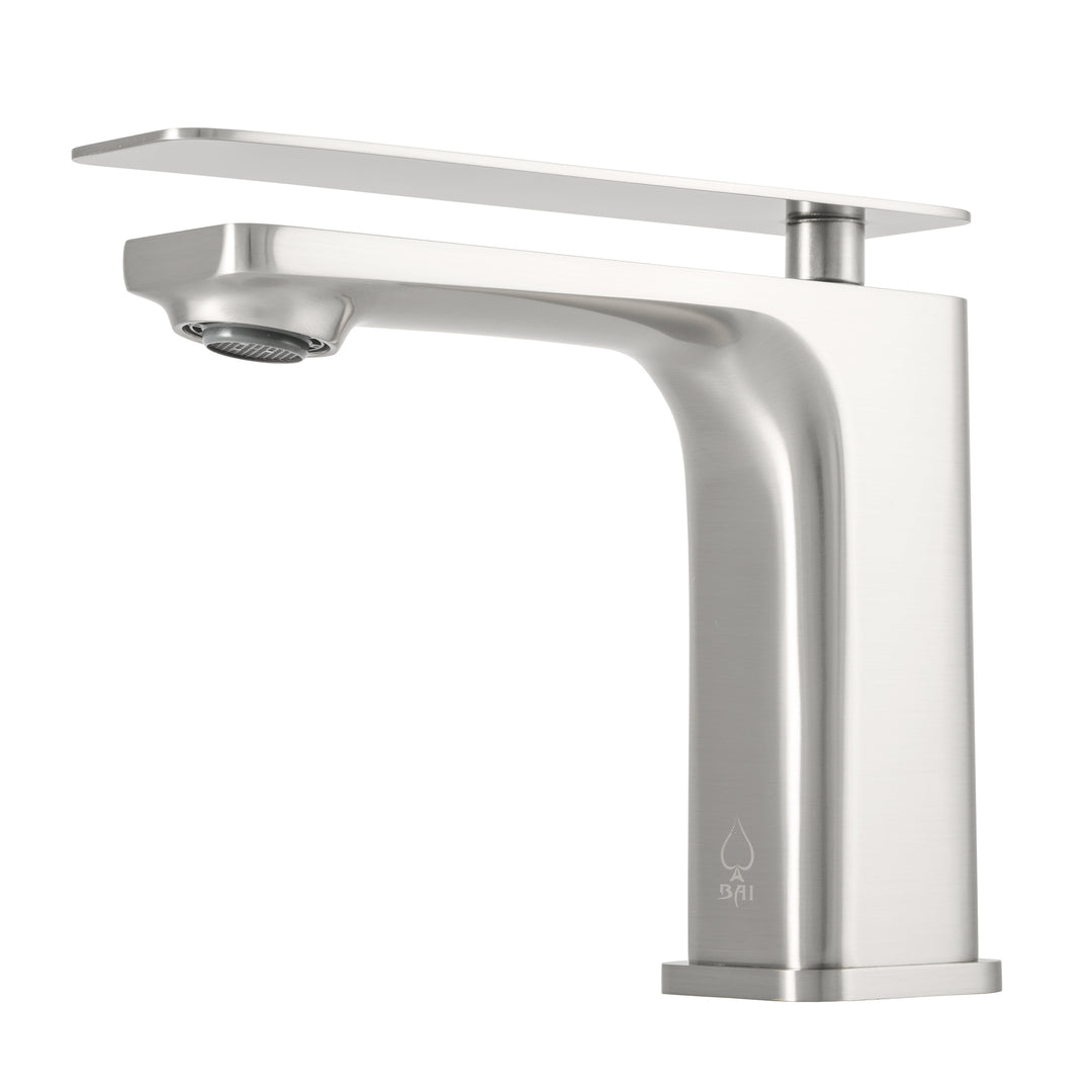 A modern single-handle bathroom faucet with a brushed nickel finish, featuring a rectangular body, a flat mounting plate, and a curved spout with an integrated shower head, shown against a plain white background.