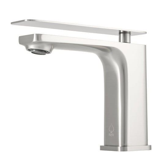 A modern single-handle bathroom faucet with a brushed nickel finish, featuring a rectangular body, a flat mounting plate, and a curved spout with an integrated shower head, shown against a plain white background.
