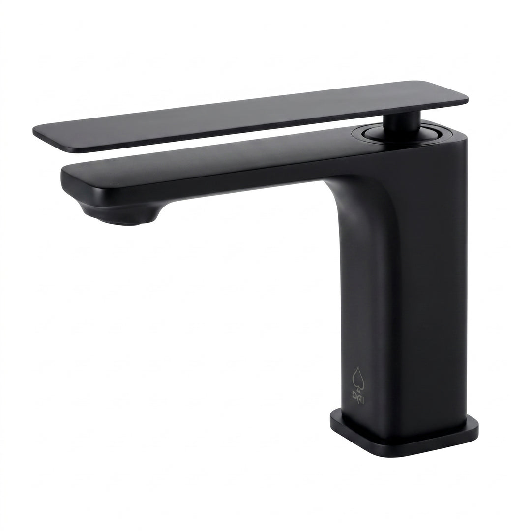 A matte black single-handle bathroom faucet with a flat, rectangular lever and a cylindrical squared shaped spout, shown on a solid white background.