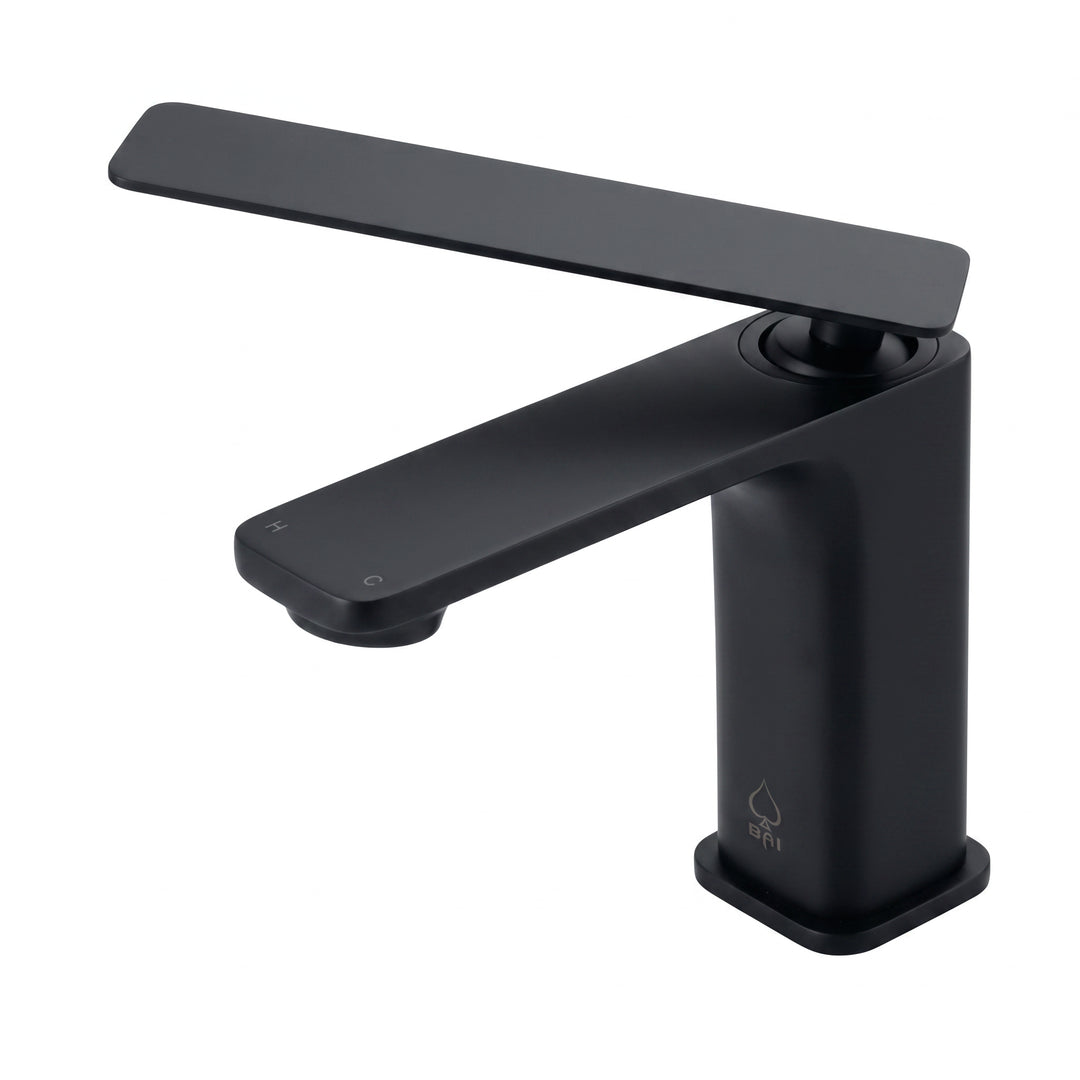 Matte black single-handle bathroom faucet with a rectangular lever handle, shown on a solid white background.