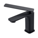 Matte black single-handle bathroom faucet with a rectangular lever handle, shown on a solid white background.