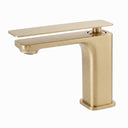 A modern single-handle bathroom faucet in a brushed gold finish, shown from a three-quarter angle on a solid white background.