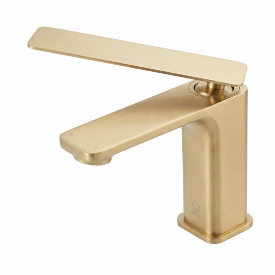 A modern single-handle bathroom faucet in brushed gold, shown from a three-quarter angle on a solid white background.