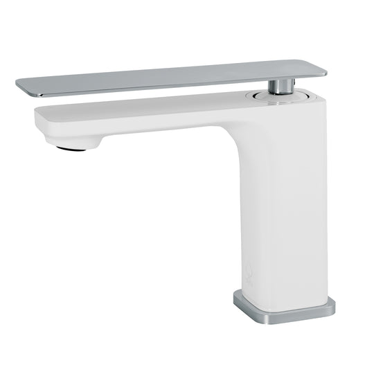A modern single-handle bathroom faucet with a matte white body and a polished chrome flat plate lever on top, shown against a plain white background.