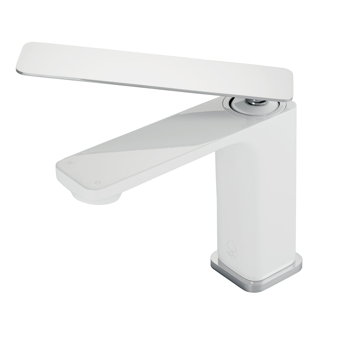 A modern single-handle bathroom faucet with a matte white body and a polished chrome finish, shown on a solid white background.
