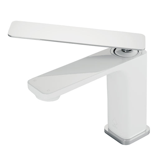 A modern single-handle bathroom faucet with a matte white body and a polished chrome finish, shown on a solid white background.