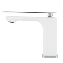 A modern high-arc faucet with a matte white body and polished chrome accents, including a long horizontal spout and base plate, shown on a solid white background.