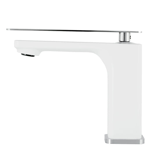 A modern high-arc faucet with a matte white body and polished chrome accents, including a long horizontal spout and base plate, shown on a solid white background.