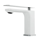 A modern white single-handle bathroom faucet with a flat rectangular chrome top plate and a polished chrome base, shown on a solid white background.