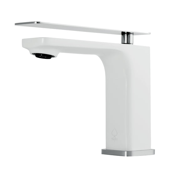 A modern white single-handle bathroom faucet with a flat rectangular chrome top plate and a polished chrome base, shown on a solid white background.