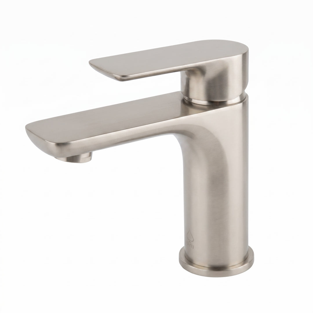 A modern single-handle bathroom faucet with a brushed nickel finish, shown from a three-quarter angle on a solid white background.