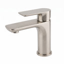 A modern single-handle bathroom faucet with a brushed nickel finish, shown from a three-quarter angle on a solid white background.