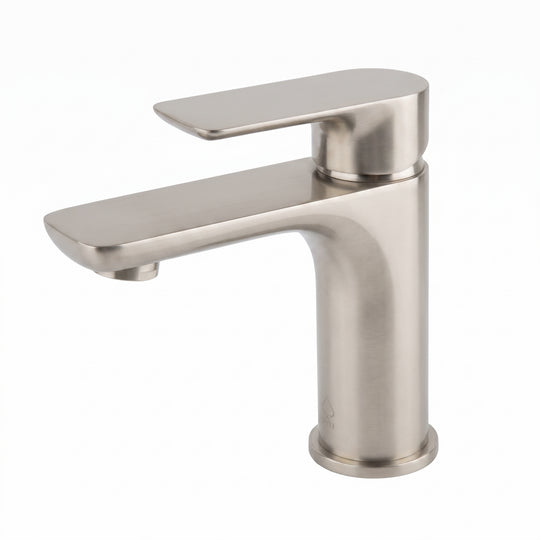A modern single-handle bathroom faucet with a brushed nickel finish, shown from a three-quarter angle on a solid white background.