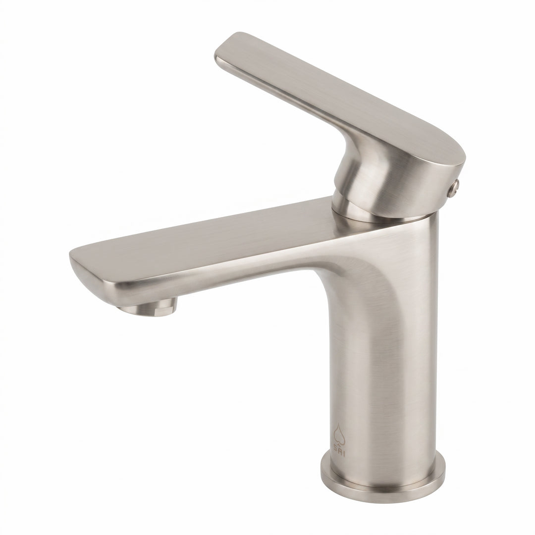 A modern single-handle bathroom faucet with a brushed nickel finish, shown from a three-quarter angle on a solid white background.