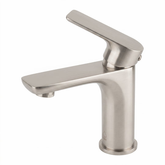 A modern single-handle bathroom faucet with a brushed nickel finish, shown from a three-quarter angle on a solid white background.