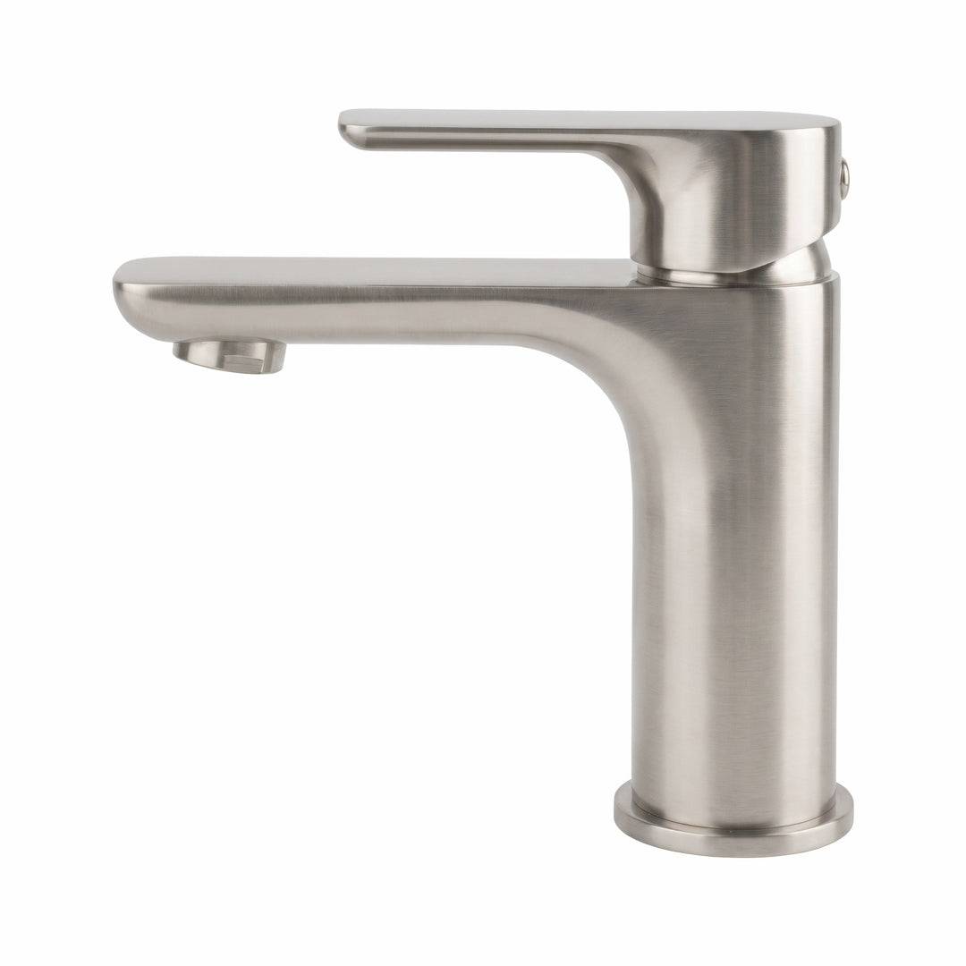 A modern single-handle bathroom faucet in brushed nickel, shown from a three-quarter angle against a plain white background.
