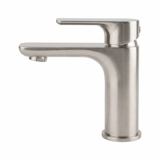 A modern single-handle bathroom faucet in brushed nickel, shown from a three-quarter angle against a plain white background.