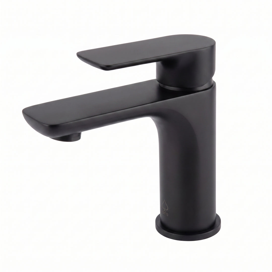 A modern single-handle bathroom faucet in a matte black finish, shown from a three-quarter angle against a plain white background.