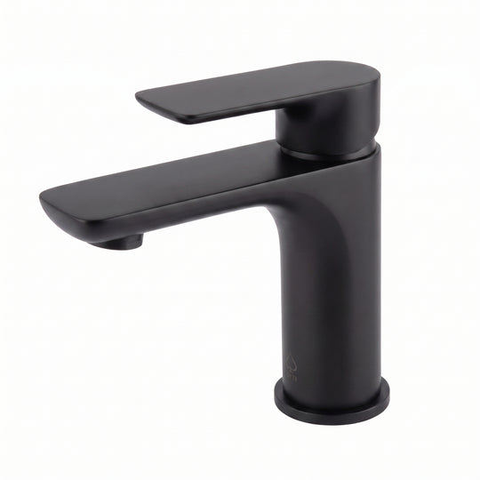 A modern single-handle bathroom faucet in a matte black finish, shown from a three-quarter angle against a plain white background.