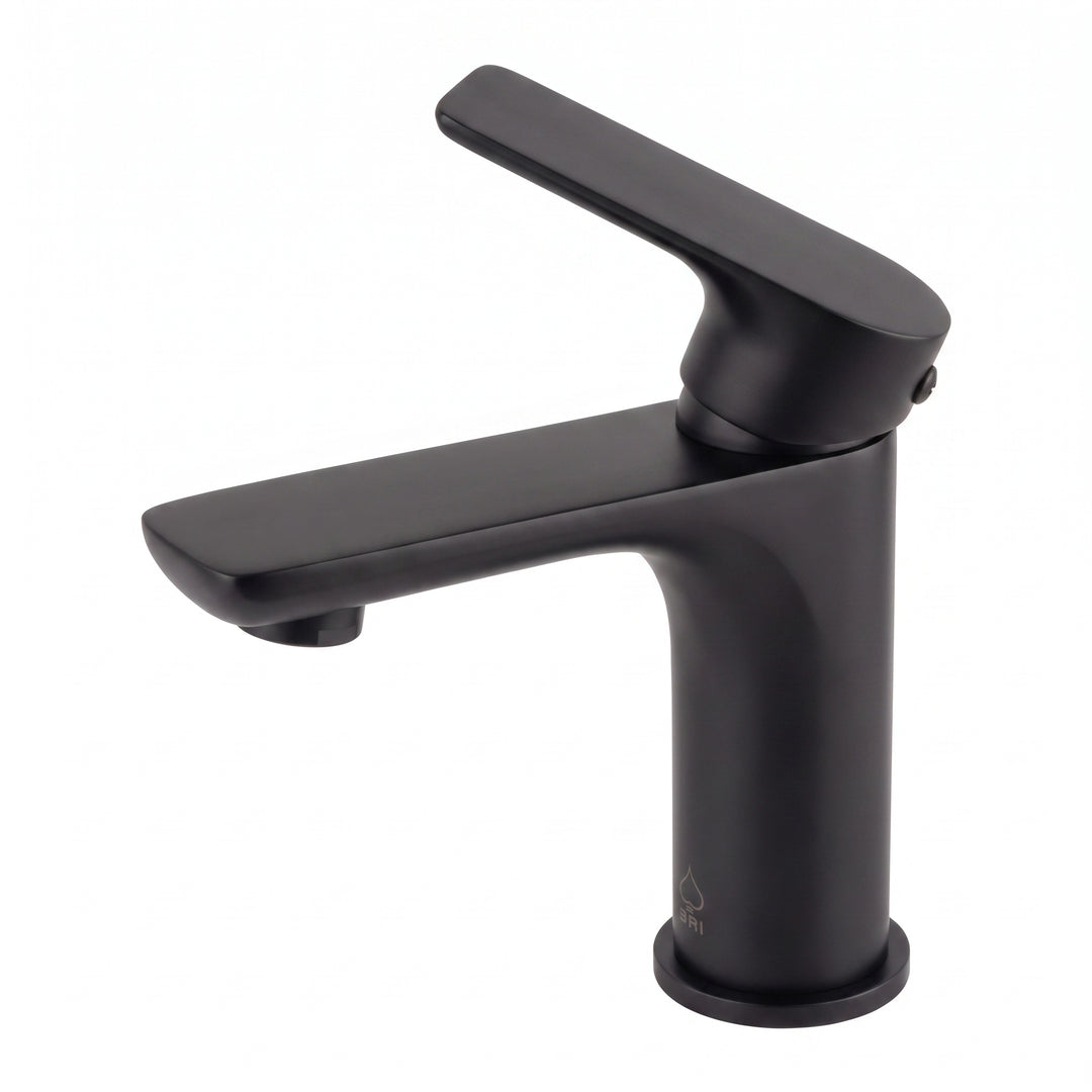 A matte black single-handle bathroom faucet with a modern rectangular spout and lever handle, shown on a solid white background.