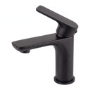 A matte black single-handle bathroom faucet with a modern rectangular spout and lever handle, shown on a solid white background.