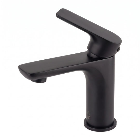 A matte black single-handle bathroom faucet with a modern rectangular spout and lever handle, shown on a solid white background.