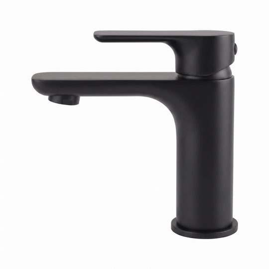 Modern Matte black single-handle bathroom faucet with a curved spout and cylindrical base, shown on a plain white background.