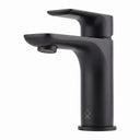 Modern Matte black single-handle bathroom faucet with a curved spout and a small silver logo near the base, shown on a plain white background.