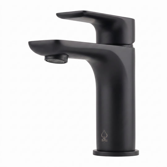 Modern Matte black single-handle bathroom faucet with a curved spout and a small silver logo near the base, shown on a plain white background.