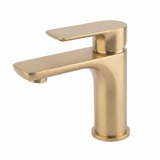 A modern single-handle bathroom faucet in a brushed gold finish, shown from a three-quarter angle on a plain white background.