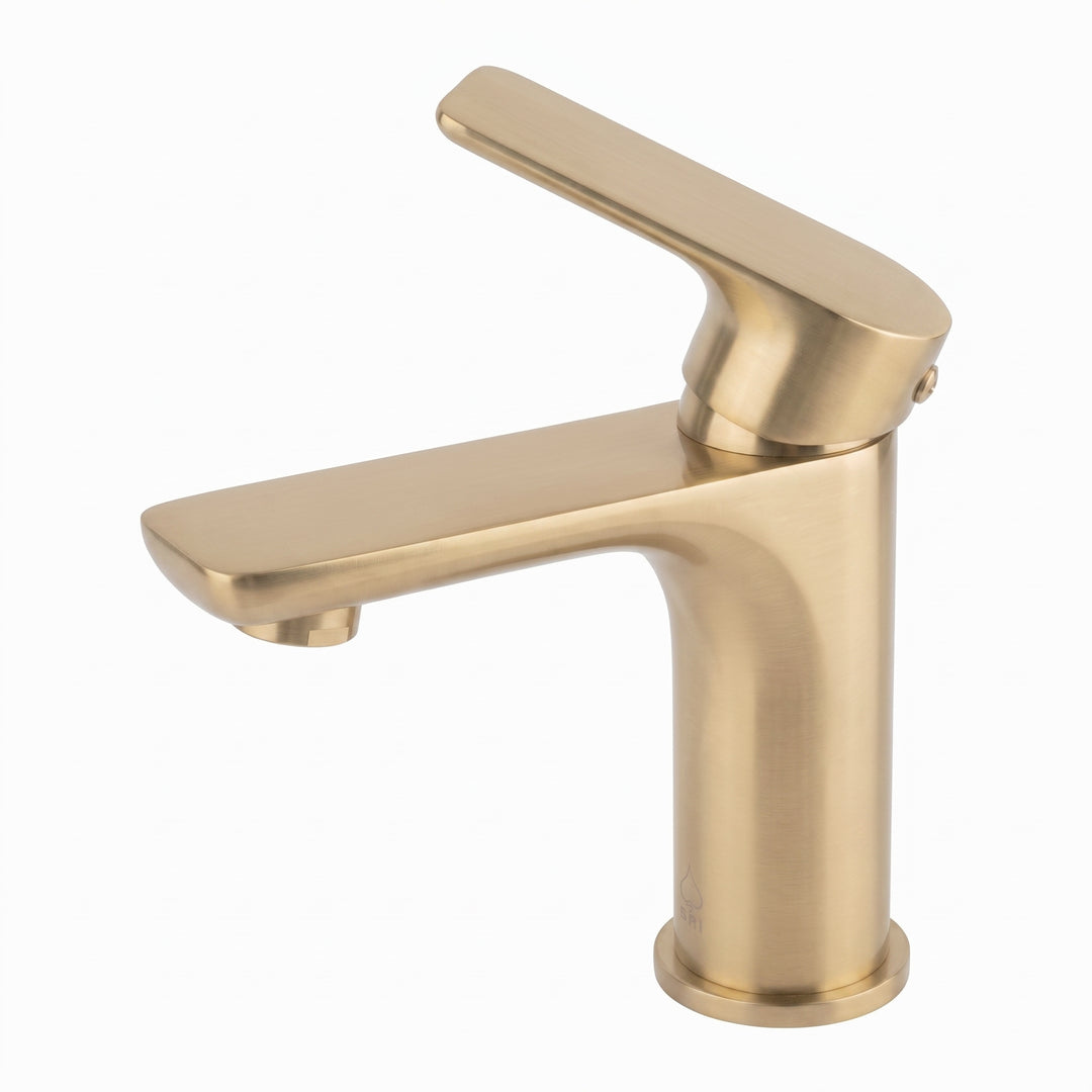 A modern single-handle bathroom faucet in a brushed gold finish, shown from a three-quarter angle on a plain white background.