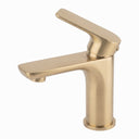 A modern single-handle bathroom faucet in a brushed gold finish, shown from a three-quarter angle on a plain white background.